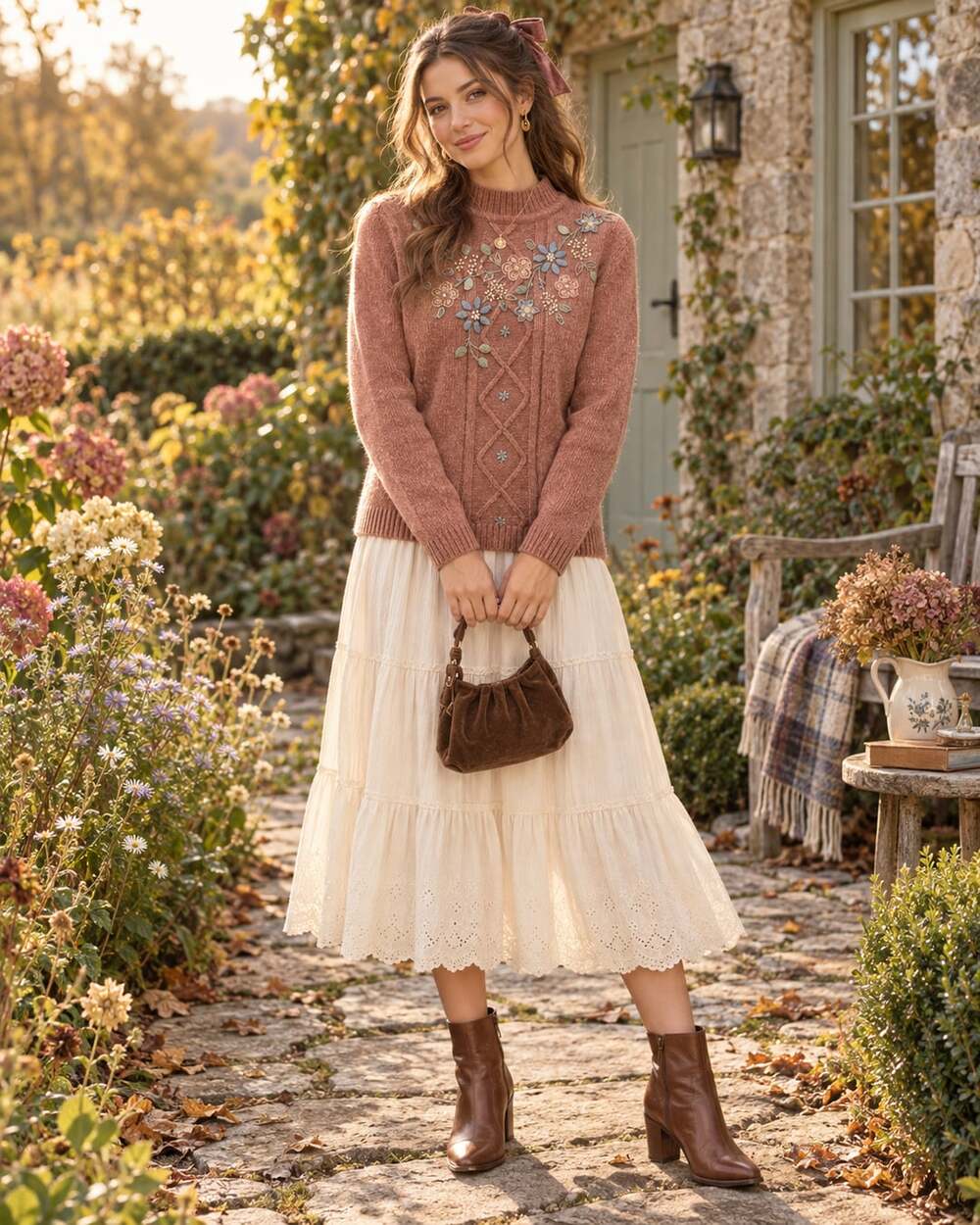 Mauve Chenille Floral Embroidered Sweater Cottagecore Boho Y2K Beaded